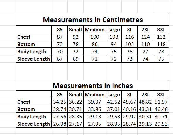 Rashguard Size Chart
